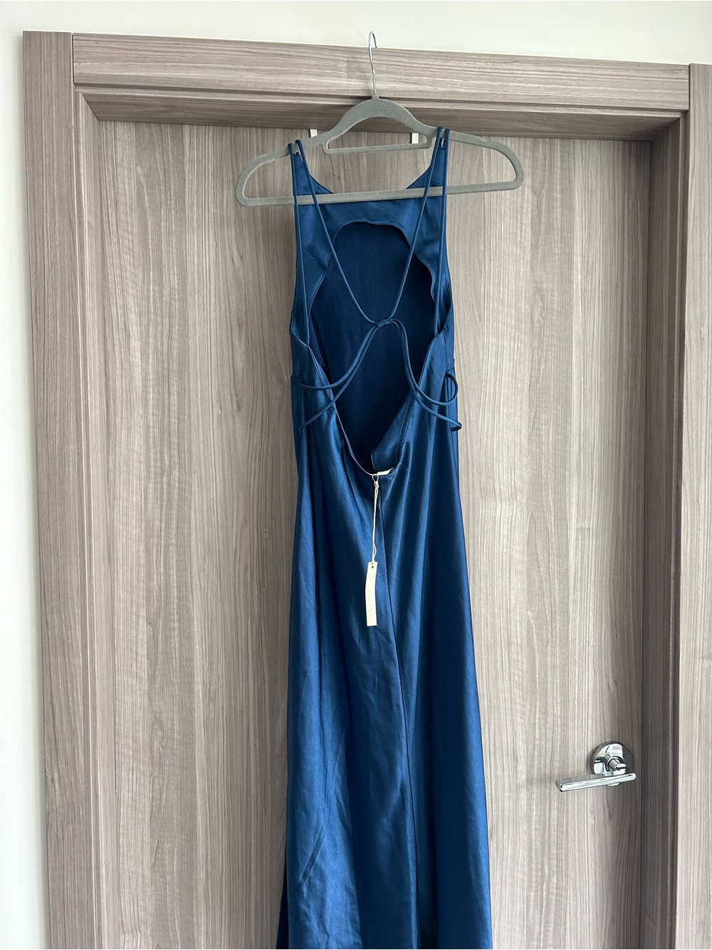 NEW with tags - Elegant Navy Blue Backless Maxi Dress with Strappy Open-Back